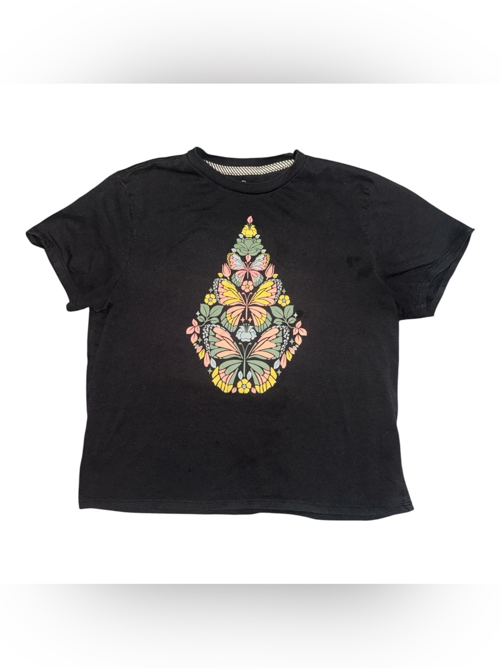 Volcom Butterly Diamond Black Graphic Tee with Pastel Floral Motif Womens Medium